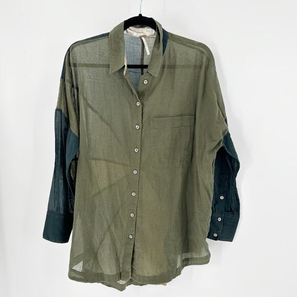 Free People Rainbow Rays Button Down Green oversized longline sheer size XS - Picture 1 of 11